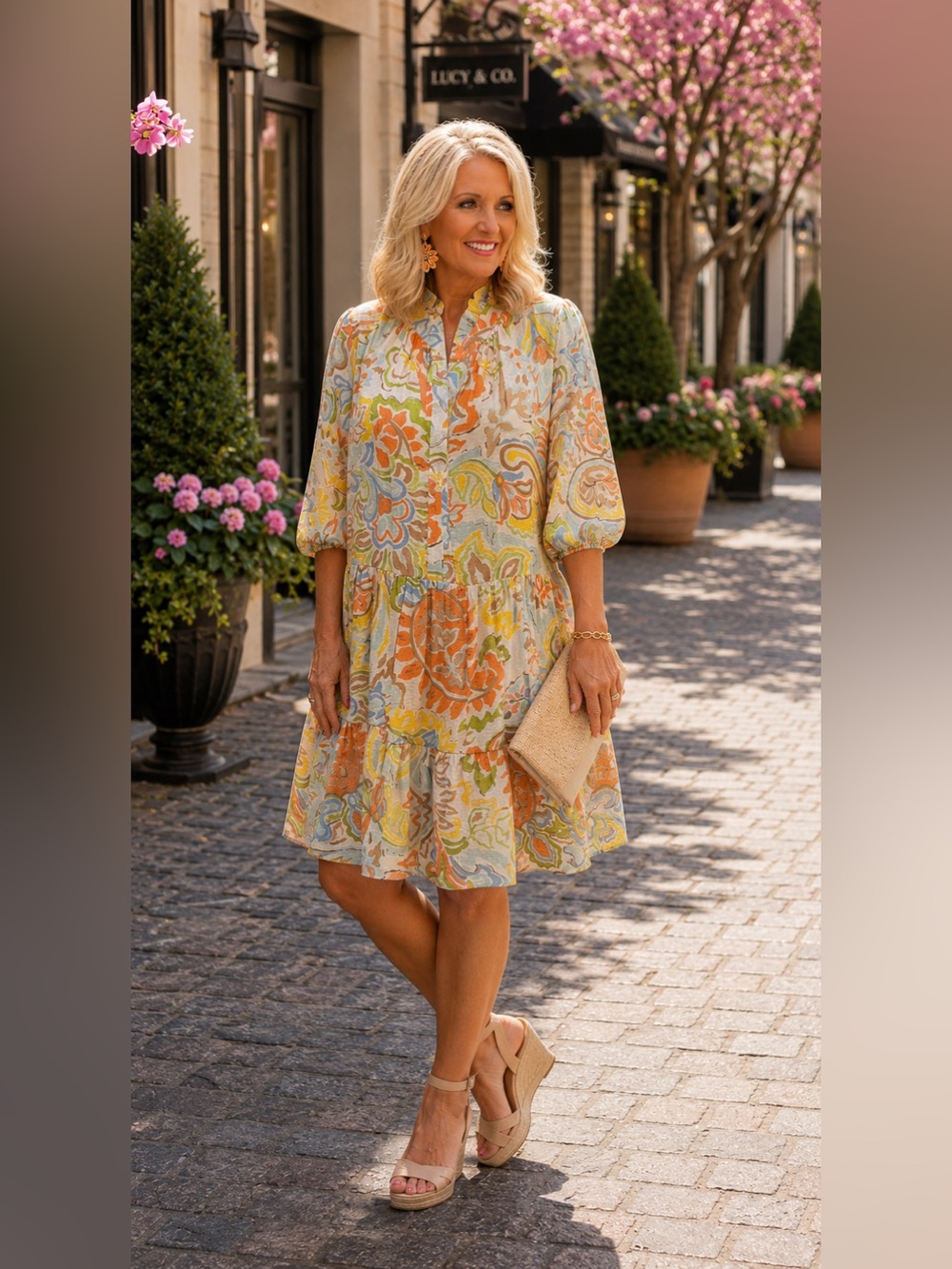 MSK Multicolor Floral-Print Blouse in Orange, Green, Blue Size Large